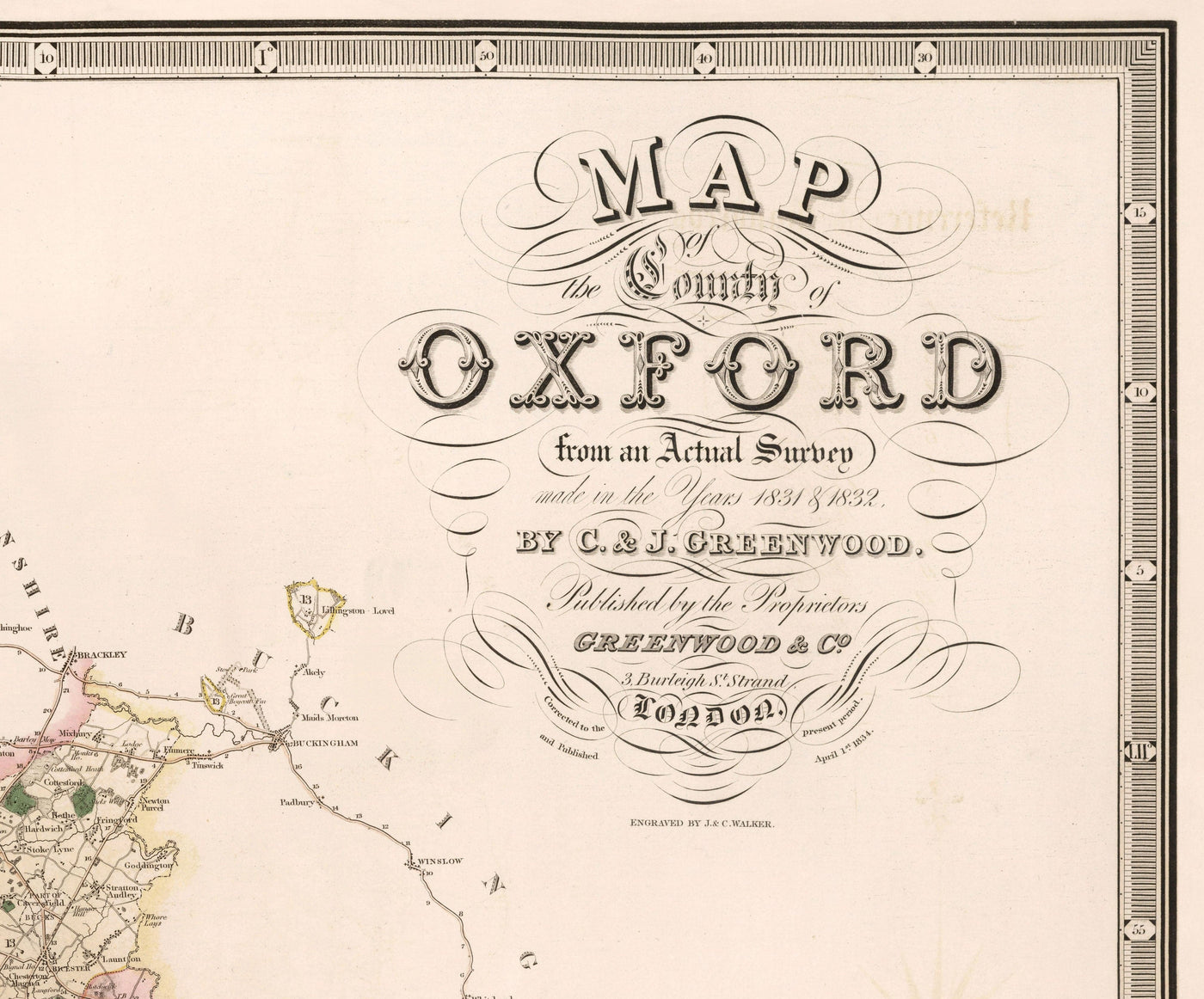 Ancienne carte d'Oxfordshire, 1829 par Greenwood - Oxford, Banbury, Abingdon, Bicester, Université
