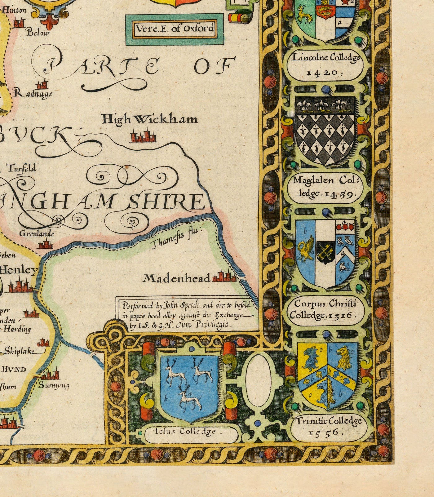Ancienne carte d'Oxfordshire, 1611 par John Speed ​​- Oxford, Banbury, Abingdon, Bicester