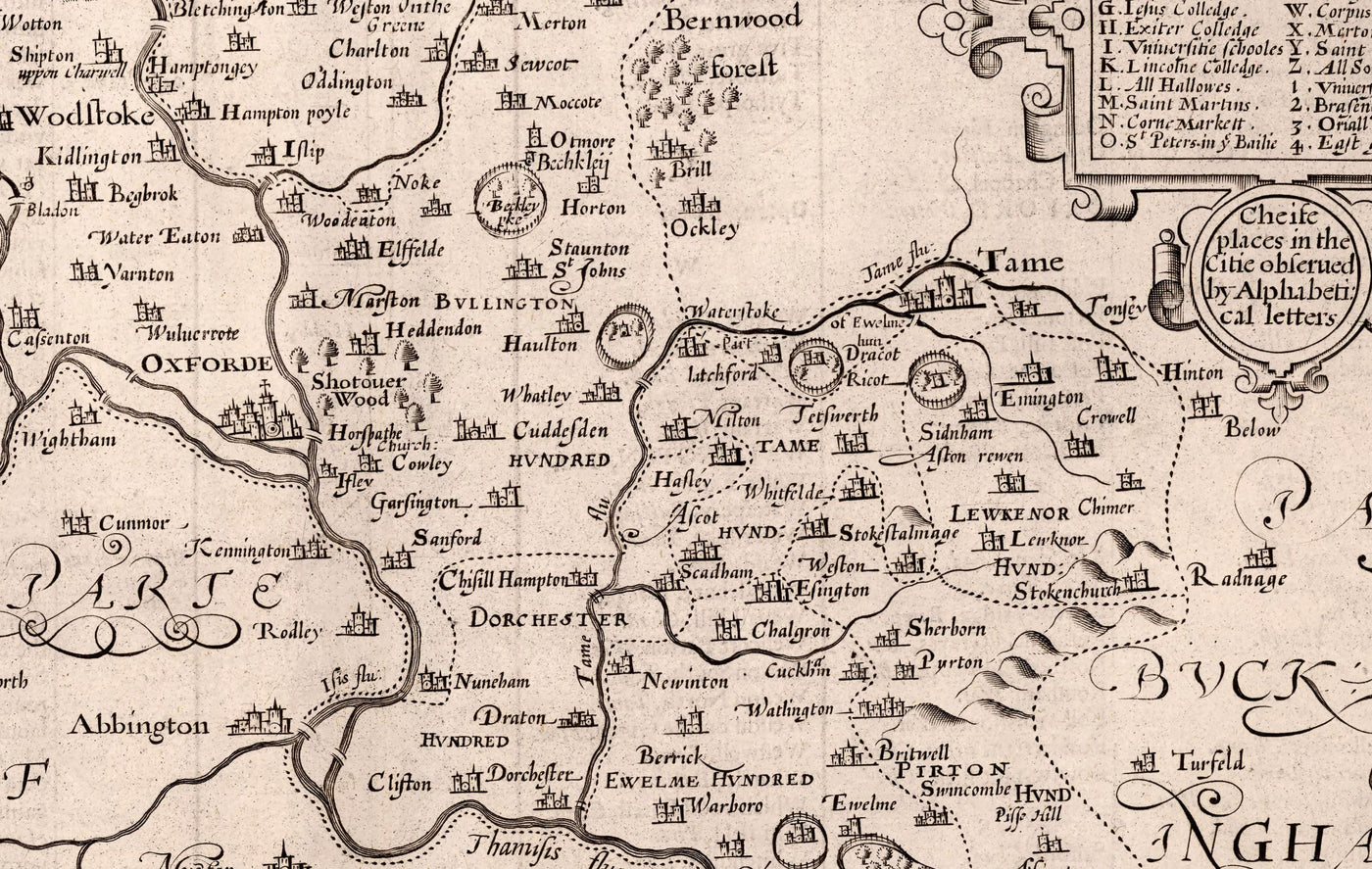Mapa antiguo de Oxfordshire, 1611 de John Speed ​​- Oxford, Banbury, Abingdon, Bicester