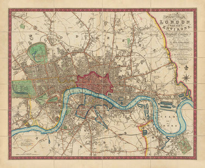 Mapa antiguo de Londres y sus alrededores en 1822 por Thompson - Isle of Dogs, Bermondsey, Deptford, Covent Garden, Westminster