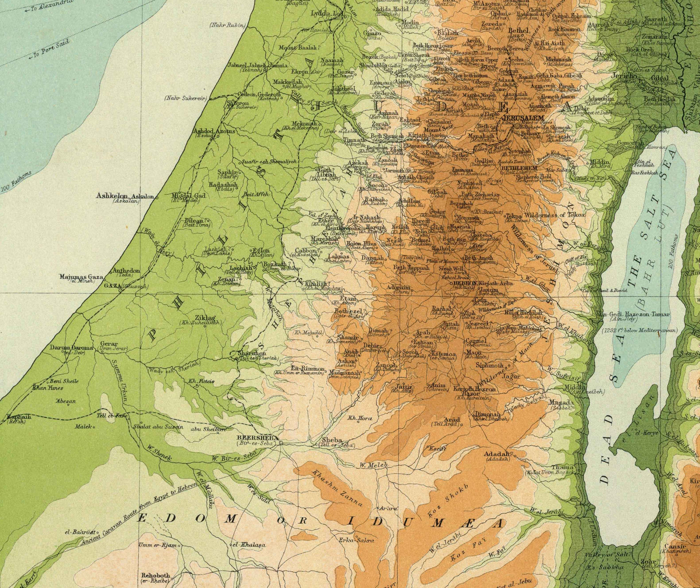 Old Map of Palestine in 1922 by Bartholomew Jerusalem, Jaffa, Gaza