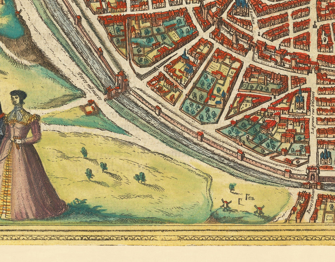 Ancienne carte de Paris, 1572 par Braun - Notre Dame, Sainte Chapelle, Bastille, Seine, Cathédrale, Murs de la ville