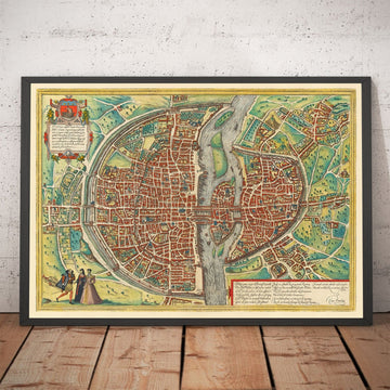 Mappa antica di Parigi, 1572 di Braun - Notre Dame, Sainte Chapelle, Bastiglia, Senna, Cattedrale, Mura della città 