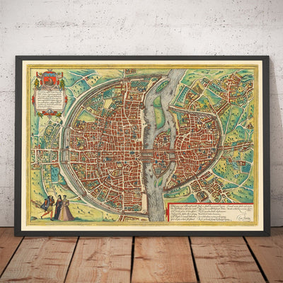 Viejo Mapa de París, 1572 de Braun - Notre Dame, Sainte Chapelle, Bastilla, Sena, Catedral, Murallas de la ciudad