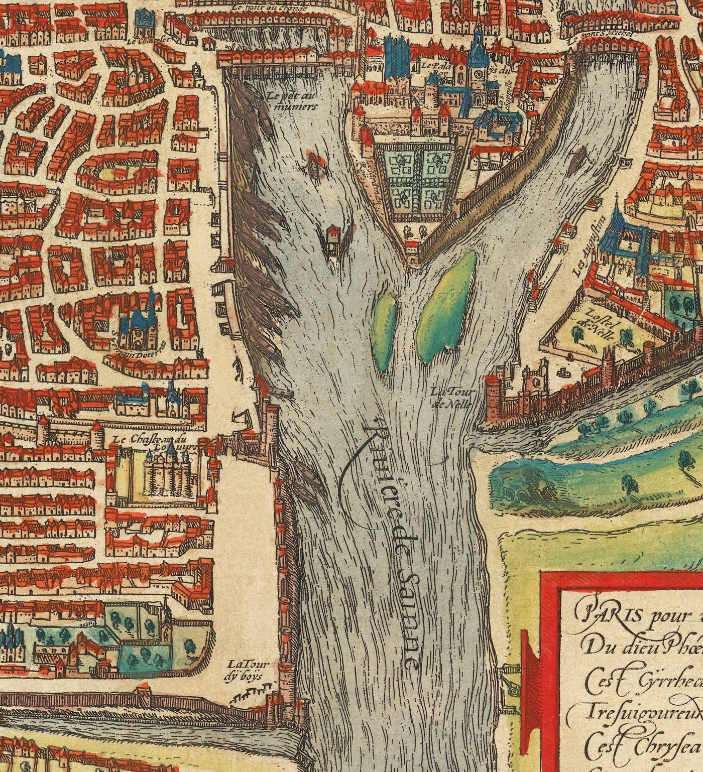 Viejo Mapa de París, 1572 de Braun - Notre Dame, Sainte Chapelle, Bastilla, Sena, Catedral, Murallas de la ciudad