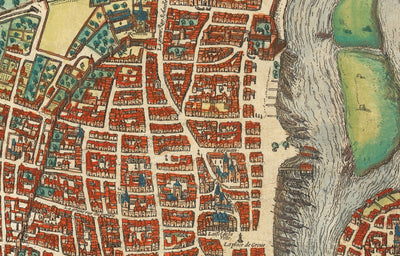 Alte Karte von Paris, 1572 von Braun - Notre Dame, Sainte Chapelle, Bastille, Seine, Kathedrale, Stadtmauern