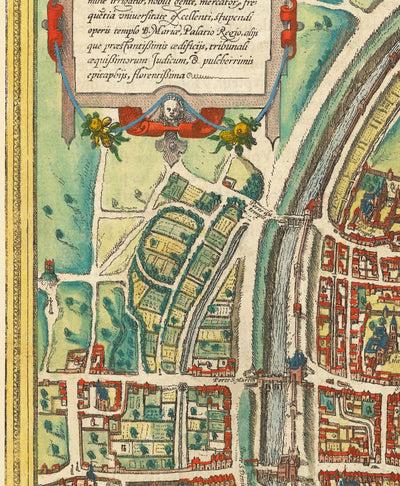 Alte Karte von Paris, 1572 von Braun - Notre Dame, Sainte Chapelle, Bastille, Seine, Kathedrale, Stadtmauern