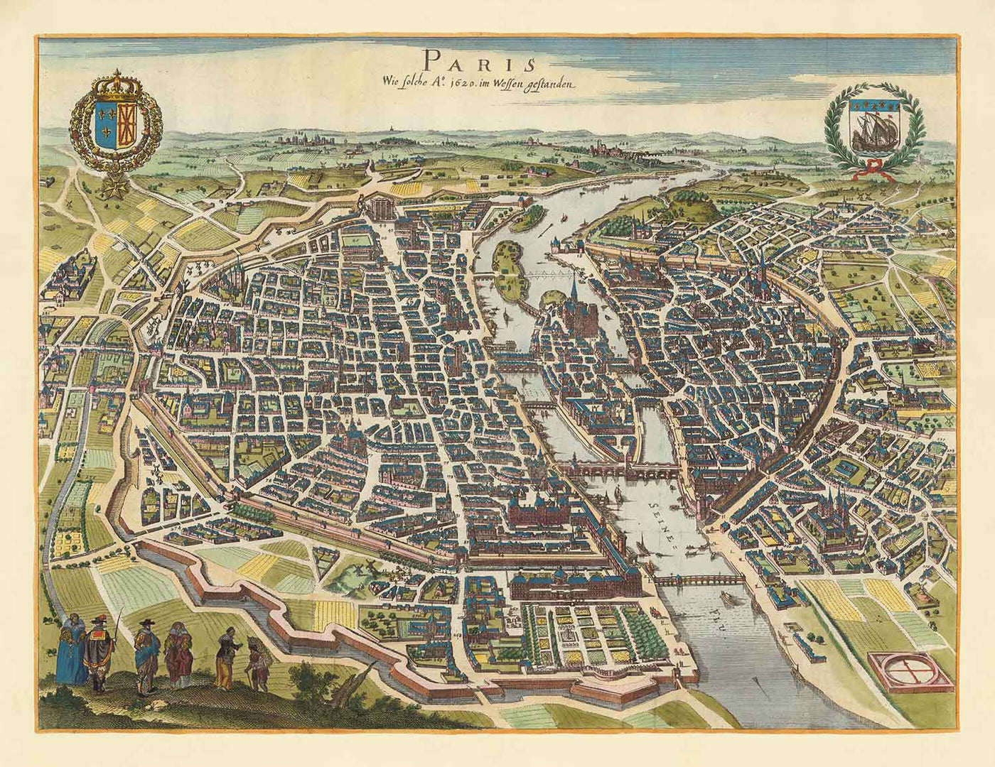 Mapa antiguo de París, 1655 de Caspar Merian - Ile Saint Louis y de la Cite, Pont Neuf, Seine, Notre Dame