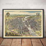 Old Map of Paris, 1655 by Caspar Merian - Ile Saint Louis and de la Cite, Pont Neuf, Seine, Notre Dame