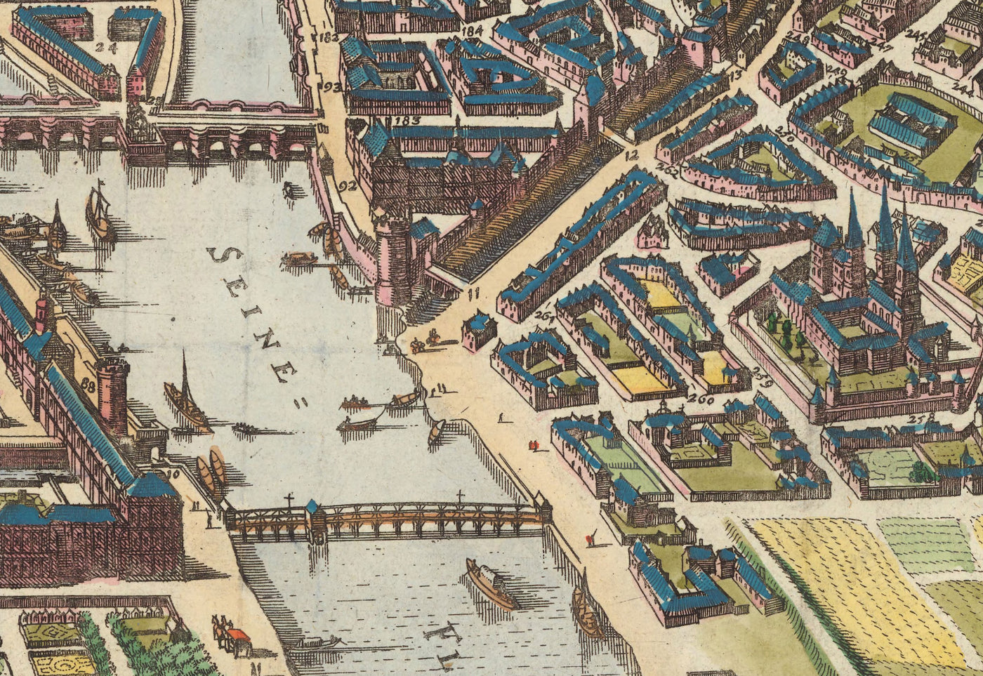 Plan ancien de Paris, 1655 par Caspar Merian - Ile Saint Louis et de la Cite, Pont Neuf, Seine, Notre Dame