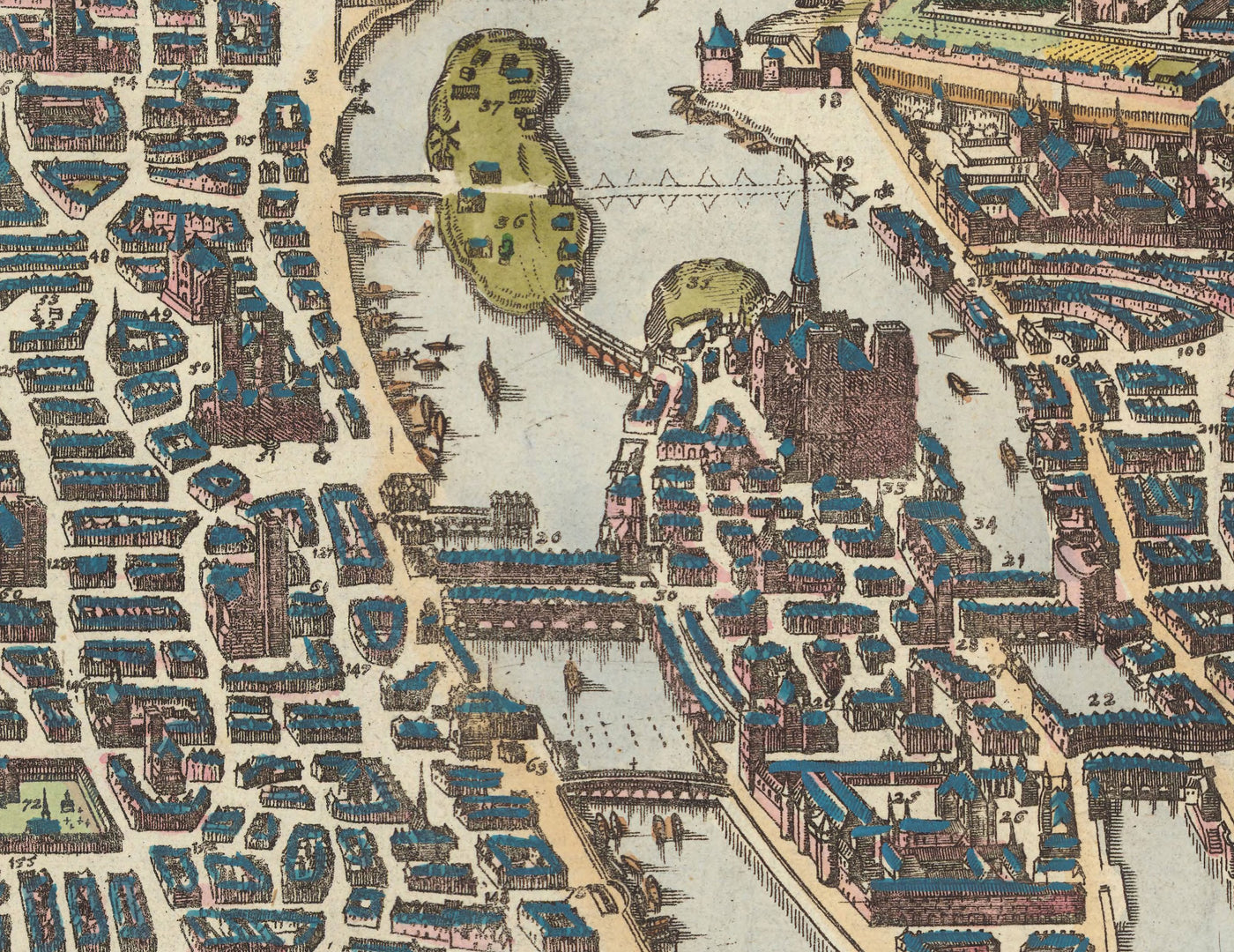 Old Map of Paris, 1655 by Caspar Merian - Ile Saint Louis and de la Cite, Pont Neuf, Seine, Notre Dame