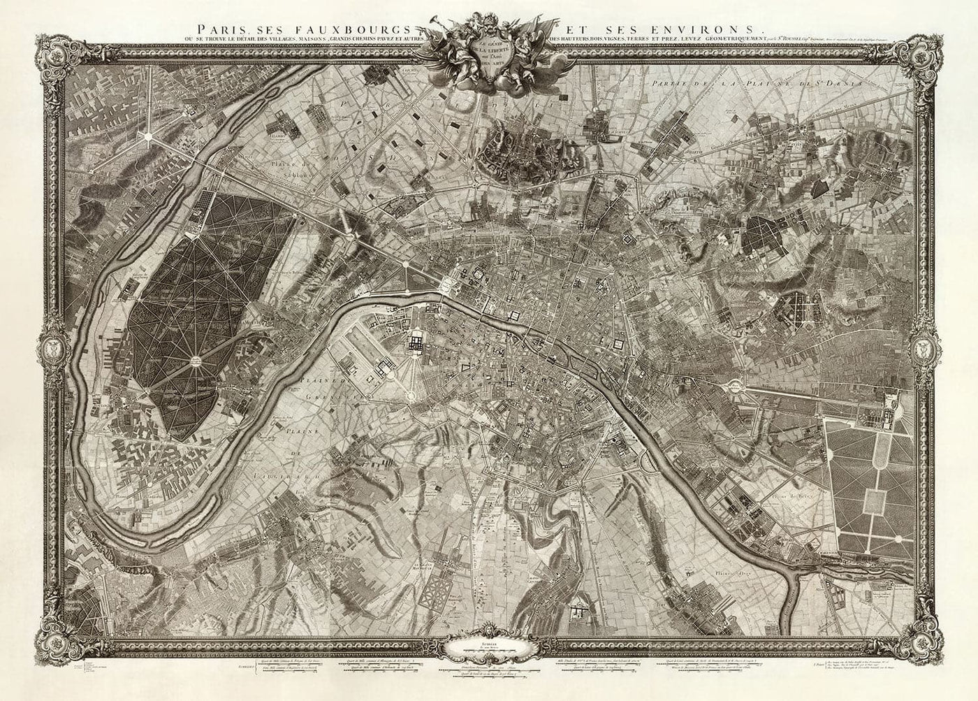 Seltene alte Karte von Paris, 1795 von Roussel - 18. Jahrhundert Louvre, Les Invalides, Champs-Élysées