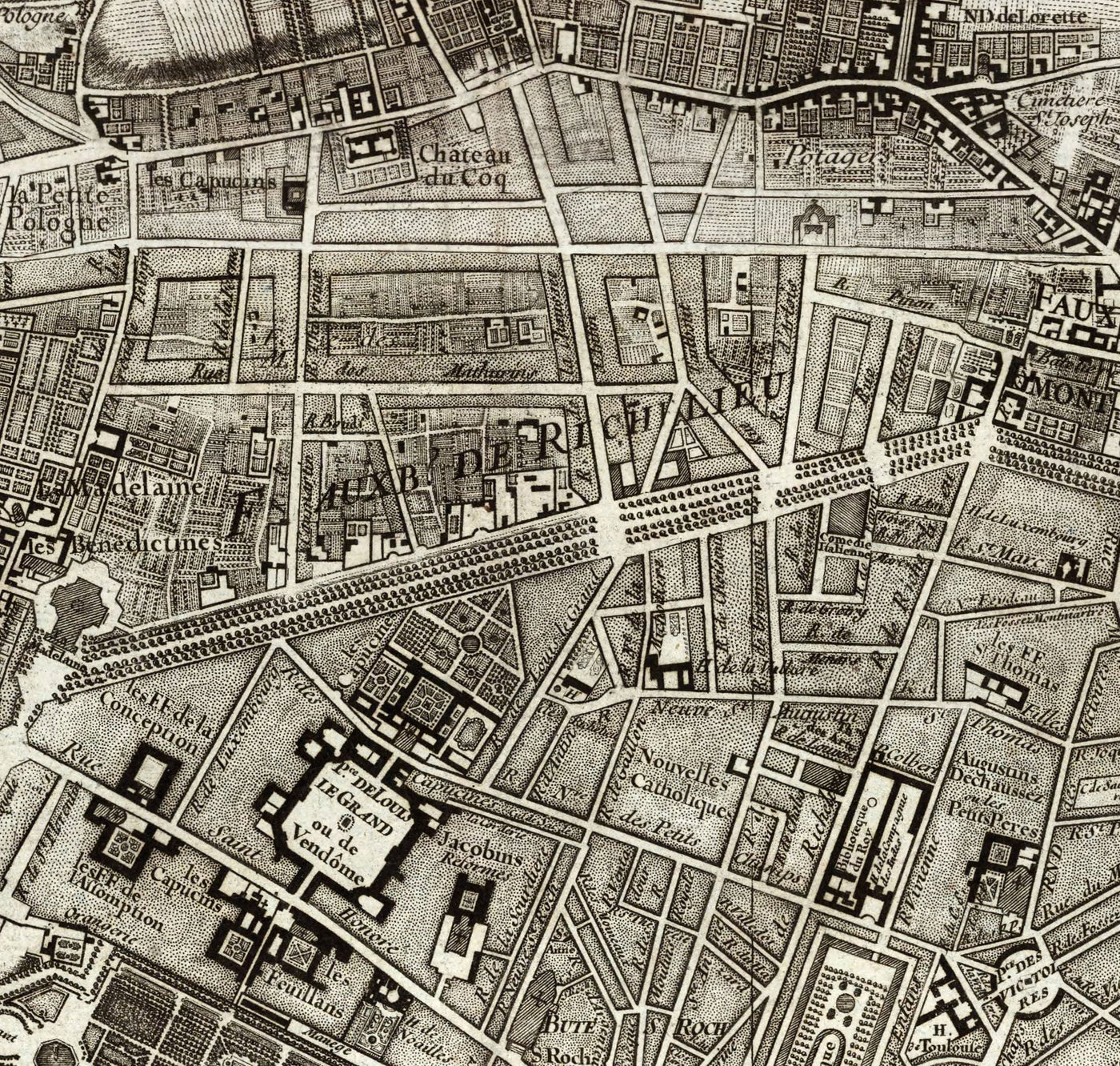 Viejo mapa raro de París, 1795 por Roussel - Louvre del siglo XVIII, Les Invalides, Champs-Ilysées