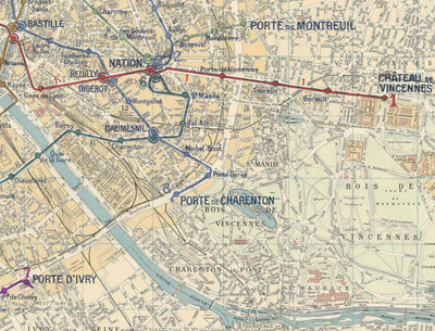 Plan ancien du métro et des monuments de Paris, 1934 par Gaillac-Monrocq - 13 lignes, Arc de Triomphe, plan touristique de la ville du 20ème siècle