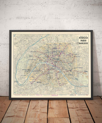 Antiguo mapa del metro de París y sus puntos de referencia, 1934 por Gaillac-Monrocq - 13 líneas, Arco del Triunfo, mapa turístico de la ciudad del siglo XX