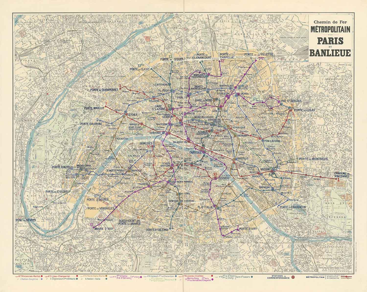 Old Map of Paris Métro Subway and Landmarks, 1934 by Gaillac-Monrocq - – The Unique Maps Co.