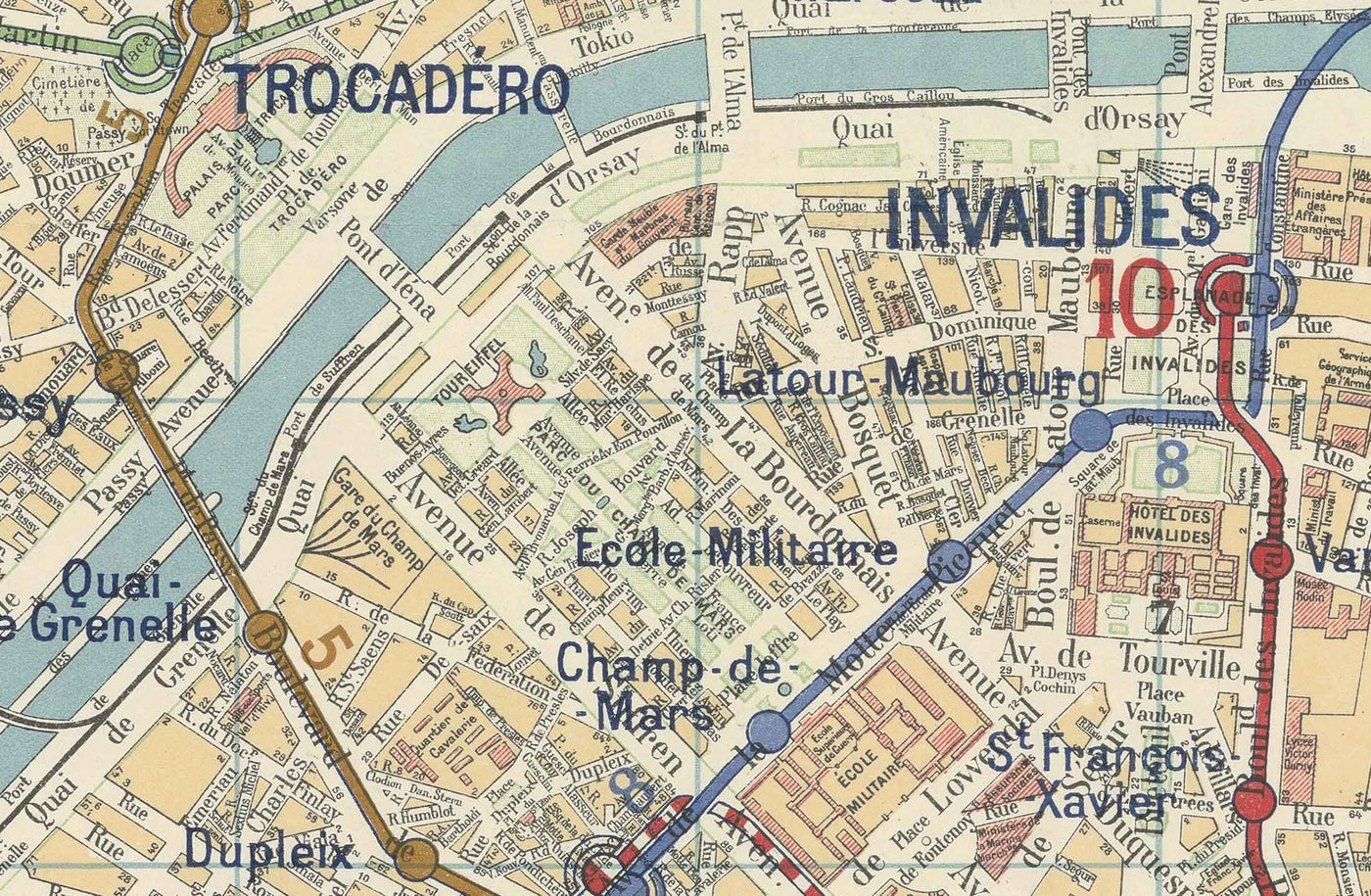 Alte Karte der Pariser Métro und Sehenswürdigkeiten, 1934 von Gaillac-Monrocq - 13 Linien, Arc de Triomphe, Stadtplan des 20.