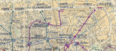 Antiguo mapa del metro de París y sus puntos de referencia, 1934 por Gaillac-Monrocq - 13 líneas, Arco del Triunfo, mapa turístico de la ciudad del siglo XX