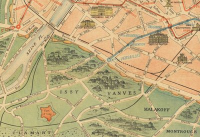 Alte Karte von Paris Métro & Landmarks, 1920 von Robelin - Eiffelturm, Louvre, Champs-Elysees, Eisenbahn-U-Bahn-Karte