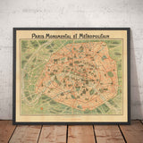 Old Map of Paris Métro & Landmarks, 1920 by Robelin - Eiffel Tower, Louvre, Champs-Elysees, Railway Subway Chart