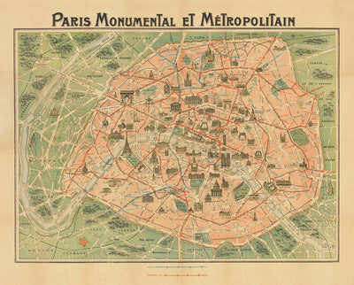 Plan ancien de Paris Métro & Points de repère, 1920 par Robelin - Tour Eiffel, Louvre, Champs-Elysées, Carte de métro ferroviaire