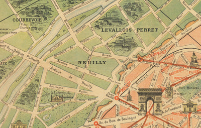 Plan ancien de Paris Métro & Points de repère, 1920 par Robelin - Tour Eiffel, Louvre, Champs-Elysées, Carte de métro ferroviaire