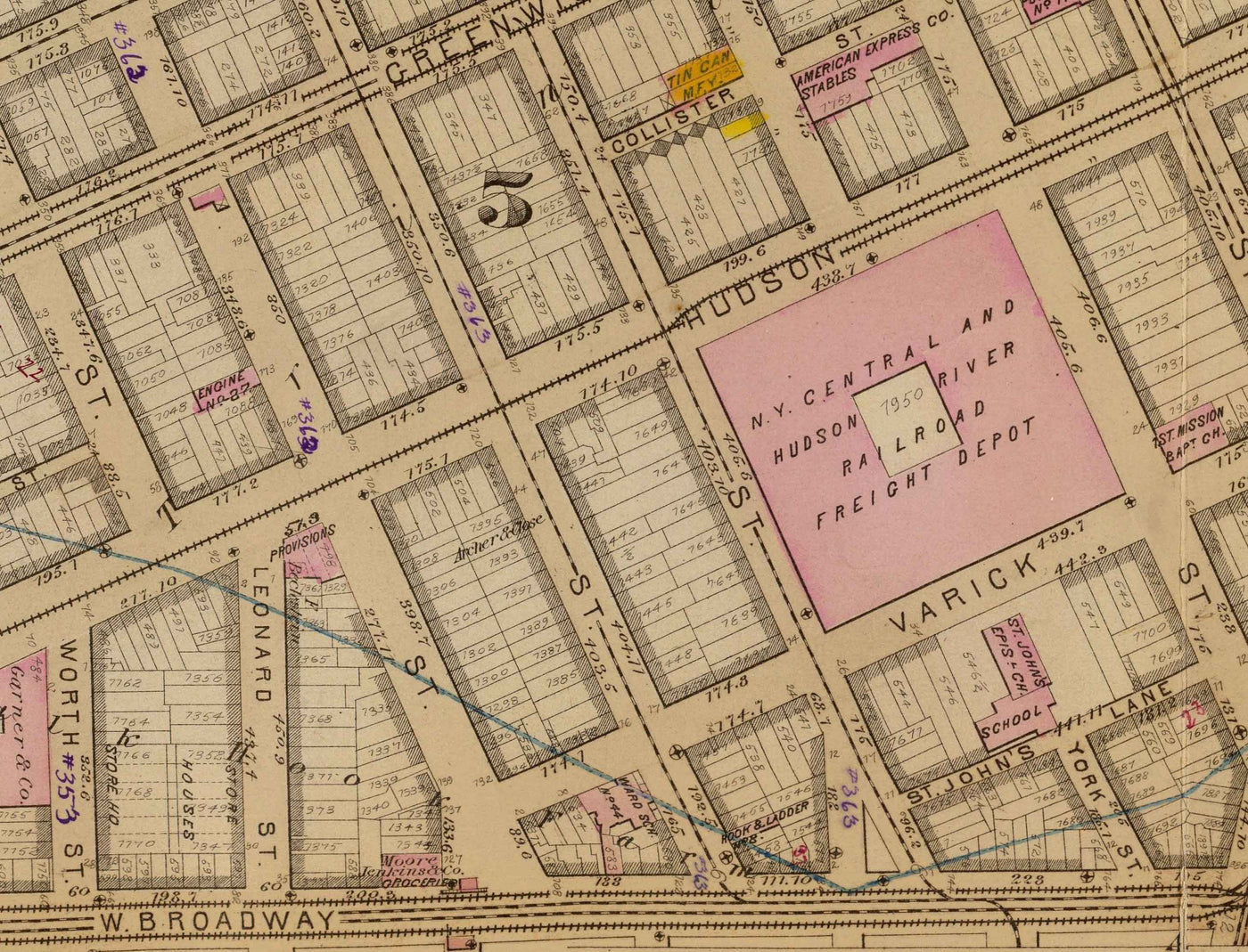Alte Karte von Hudson Square & Tribeca, 1879 - Lower Manhattan Wards NYC, Houston St, Holland Tunnel, Canal St, Varick St, Hudson St