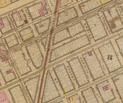 Alte Karte von Hudson Square & Tribeca, 1879 - Lower Manhattan Wards NYC, Houston St, Holland Tunnel, Canal St, Varick St, Hudson St