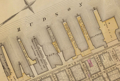 Ancienne carte de Hudson Square & Tribeca, 1879 - quartiers de Lower Manhattan NYC, Houston St, Holland Tunnel, Canal St, Varick St, Hudson St
