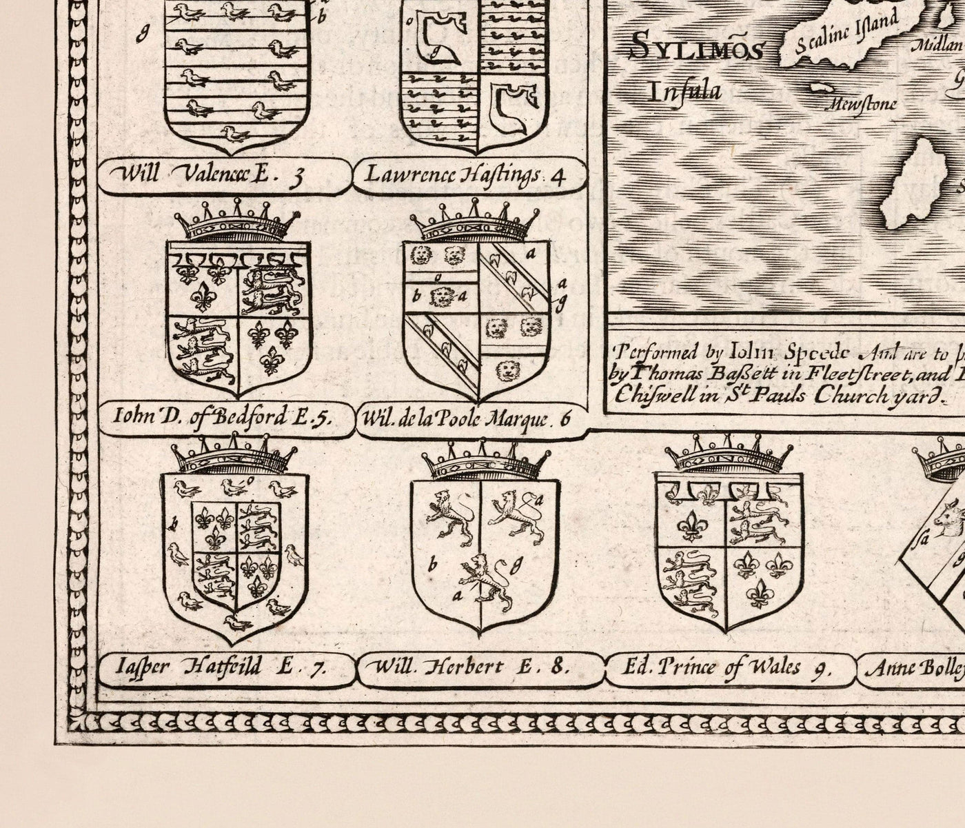 Viejo Mapa monocromo de Pembrokeshire, Gales 1611 John Speed ​​- Haverfordwest, St Davids, FishGuard, Southwest