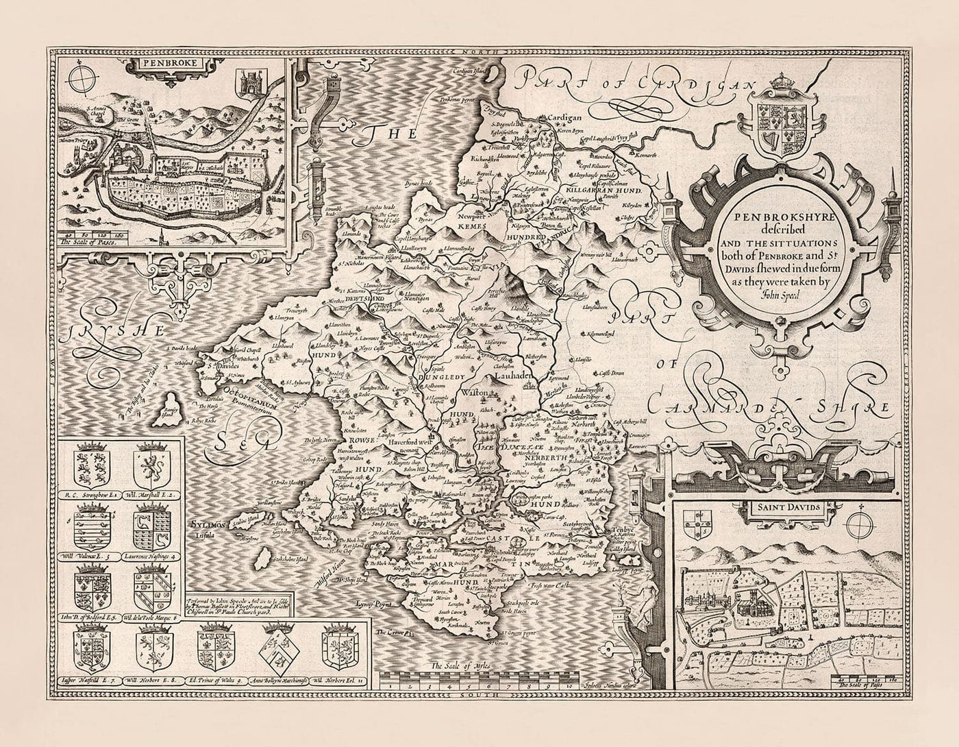 Alte monochrome Karte von Pembrokeshire, Wales 1611 John Speed ​​- Haverfordwest, St Davids, Fishguard, Südwesten