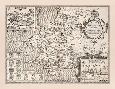Vieille carte monochrome de Pembrokeshire, Pays de Galles 1611 John Vitesse - Haverfordwest, St Davids, Garde de poisson, Sud-Ouest