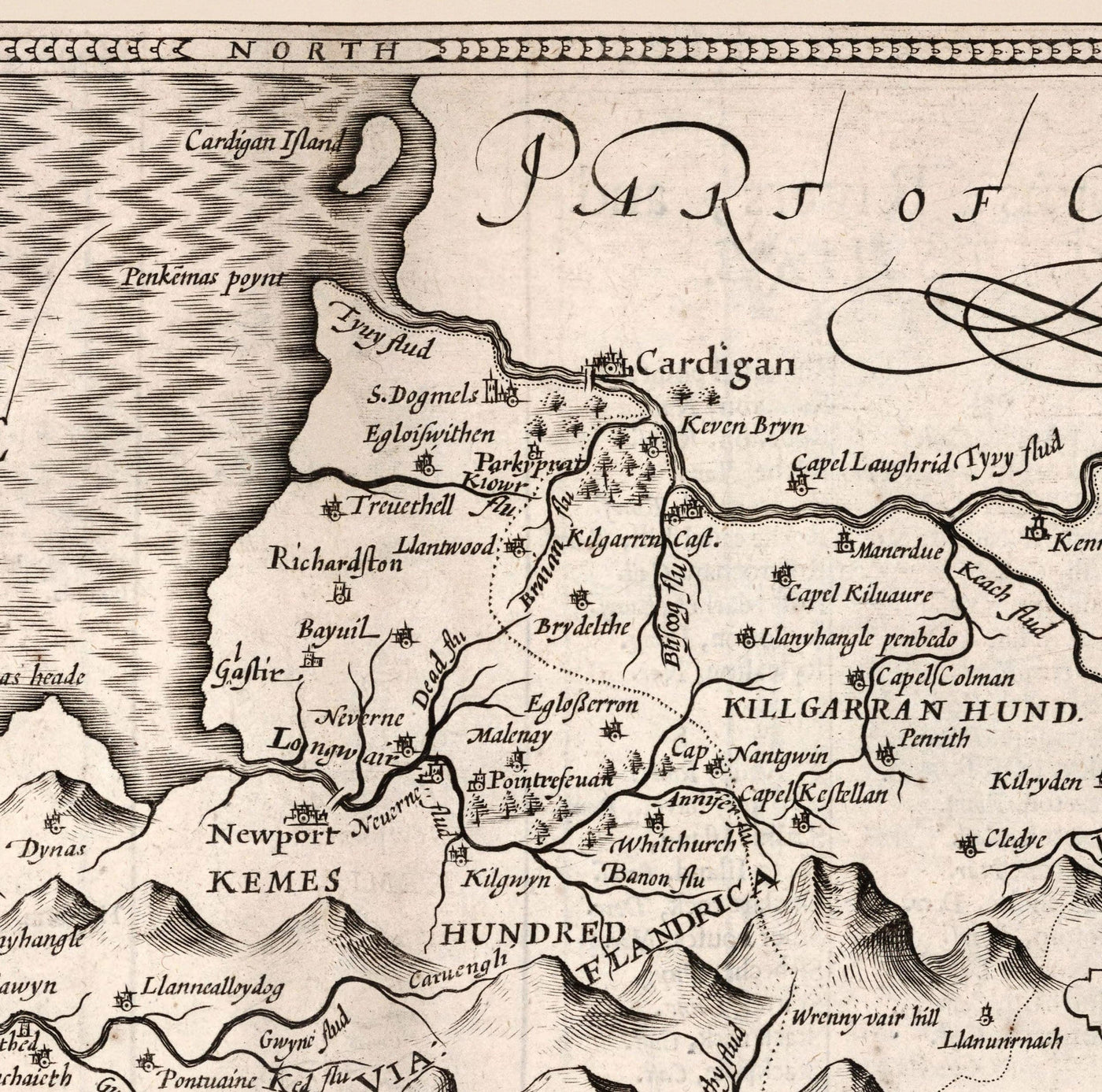 Vieille carte monochrome de Pembrokeshire, Pays de Galles 1611 John Vitesse - Haverfordwest, St Davids, Garde de poisson, Sud-Ouest