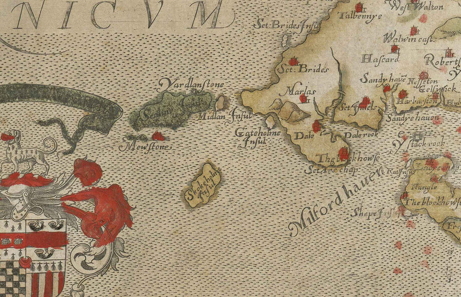 Mappa antica del Pembrokeshire, Galles nel 1578 di Christopher Saxton - Pembroke, Newport, Cardigan, Fishguard, Haverfordwest 