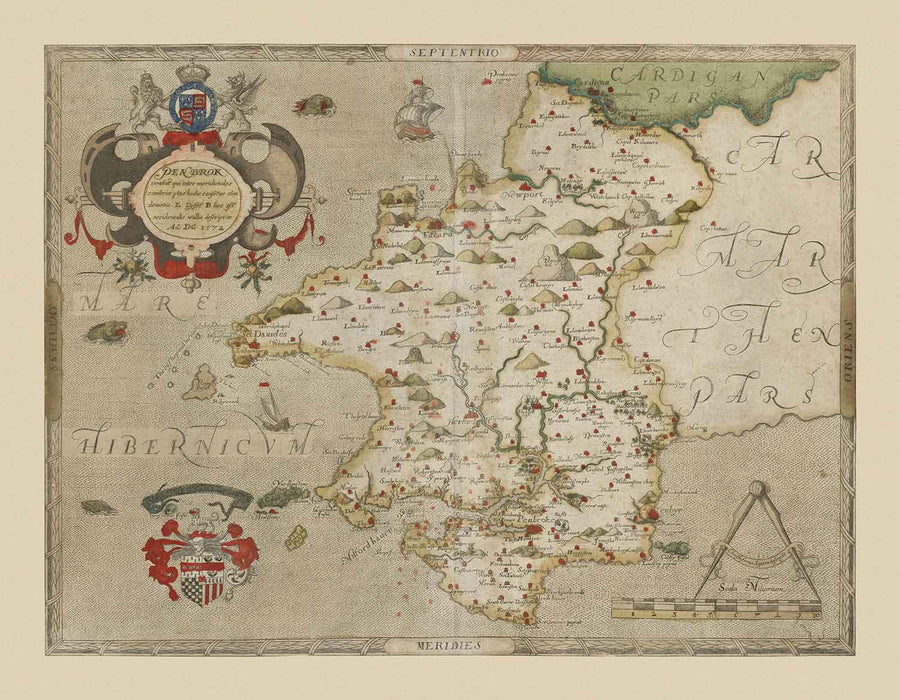 Mappa antica del Pembrokeshire, Galles nel 1578 di Christopher Saxton - Pembroke, Newport, Cardigan, Fishguard, Haverfordwest 