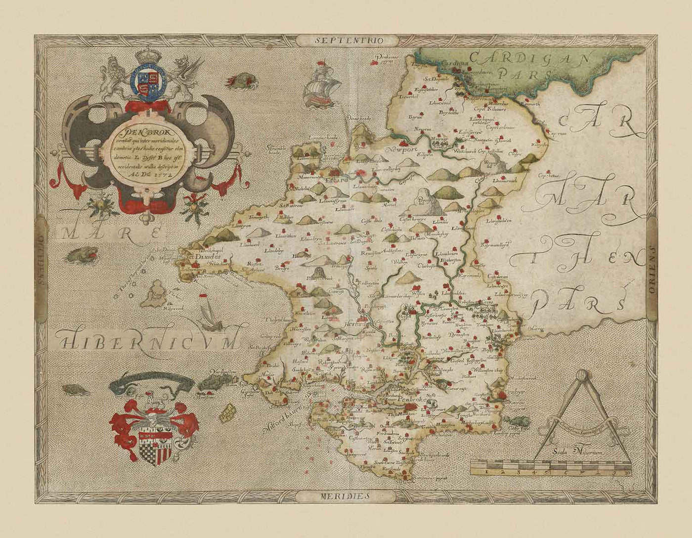 Antiguo mapa de Pembrokeshire, Gales en 1578 por Christopher Saxton - Pembroke, Newport, Cardigan, Fishguard, Haverfordwest