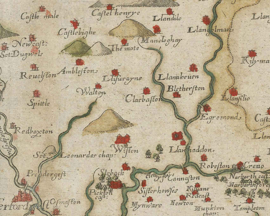Mappa antica del Pembrokeshire, Galles nel 1578 di Christopher Saxton - Pembroke, Newport, Cardigan, Fishguard, Haverfordwest 