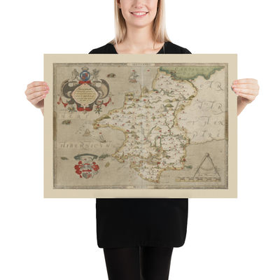 Mappa antica del Pembrokeshire, Galles nel 1578 di Christopher Saxton - Pembroke, Newport, Cardigan, Fishguard, Haverfordwest 