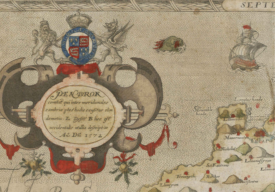 Mappa antica del Pembrokeshire, Galles nel 1578 di Christopher Saxton - Pembroke, Newport, Cardigan, Fishguard, Haverfordwest 