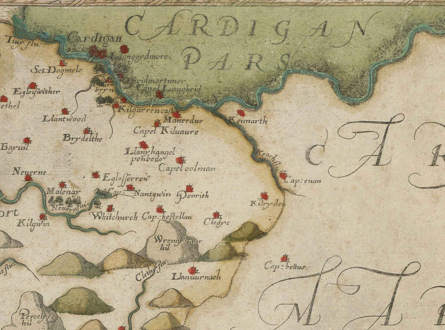 Mappa antica del Pembrokeshire, Galles nel 1578 di Christopher Saxton - Pembroke, Newport, Cardigan, Fishguard, Haverfordwest 