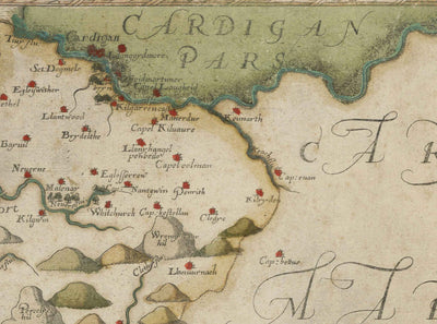 Antiguo mapa de Pembrokeshire, Gales en 1578 por Christopher Saxton - Pembroke, Newport, Cardigan, Fishguard, Haverfordwest