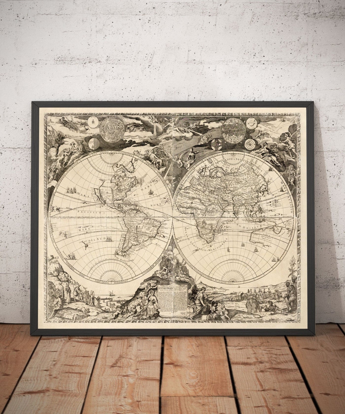 Carte ancienne du monde, 1700 - Carte de l'Atlas antique monochrome rare, art mural vintage par Paolo Petrini
