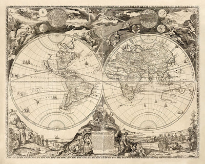 Carte ancienne du monde, 1700 - Carte de l'Atlas antique monochrome rare, art mural vintage par Paolo Petrini