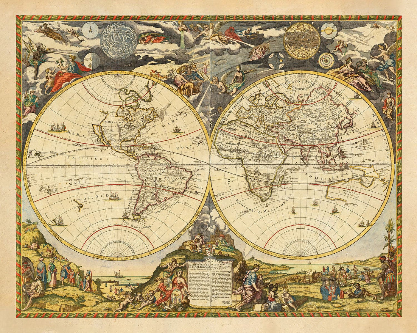 Carte de l'Atlas d'Old World, 1700 par Paolo Petrini - Carte rare Maincolourrée Antique