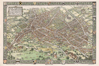 Antiguo mapa pictórico de Birmingham en 1730 por Bernard Sleigh