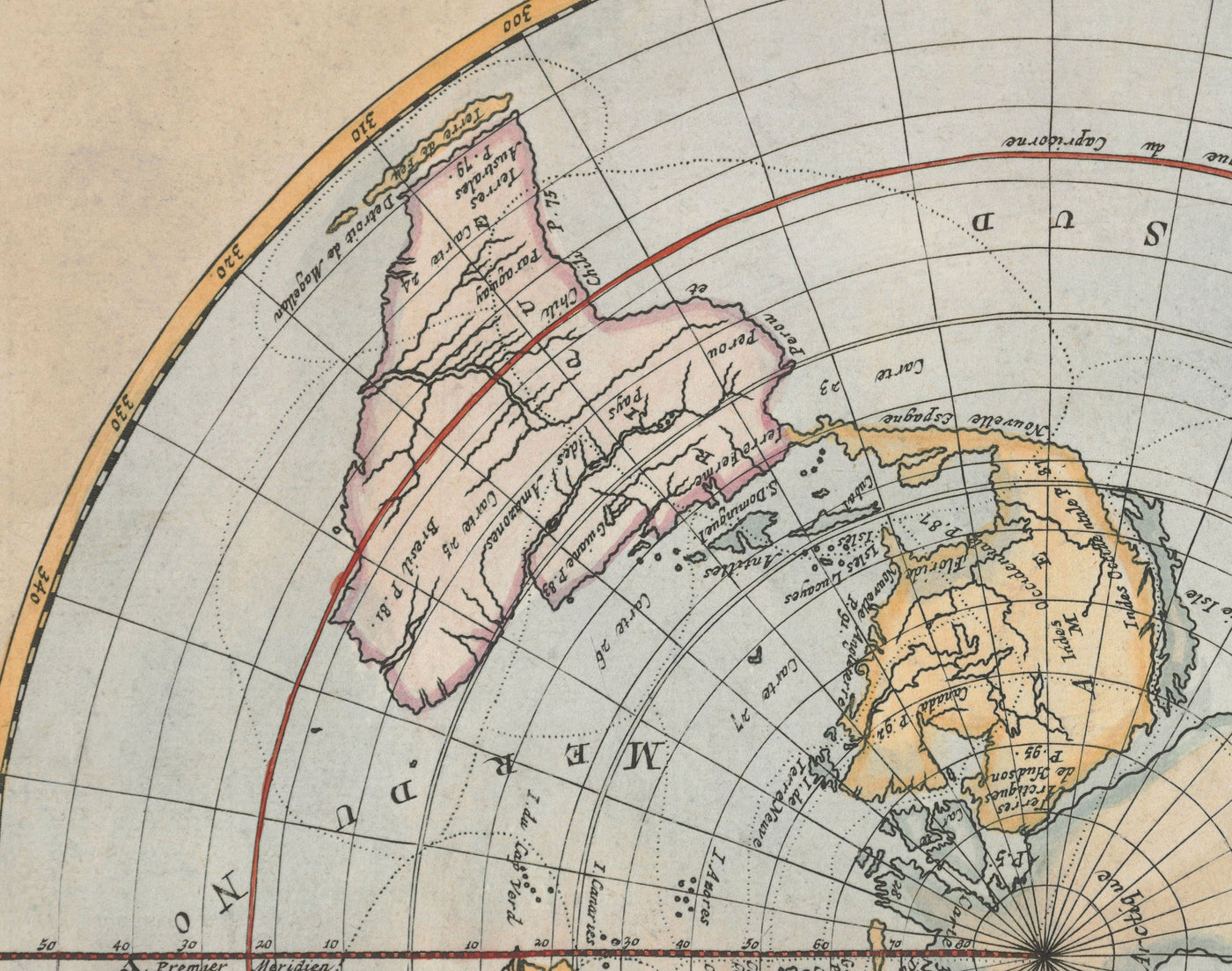 Alte flache Earth-Planisphere-Weltkarte, 1715 von Louis Renard - Cassini-Projektion - Atlas zuckte die Achseln
