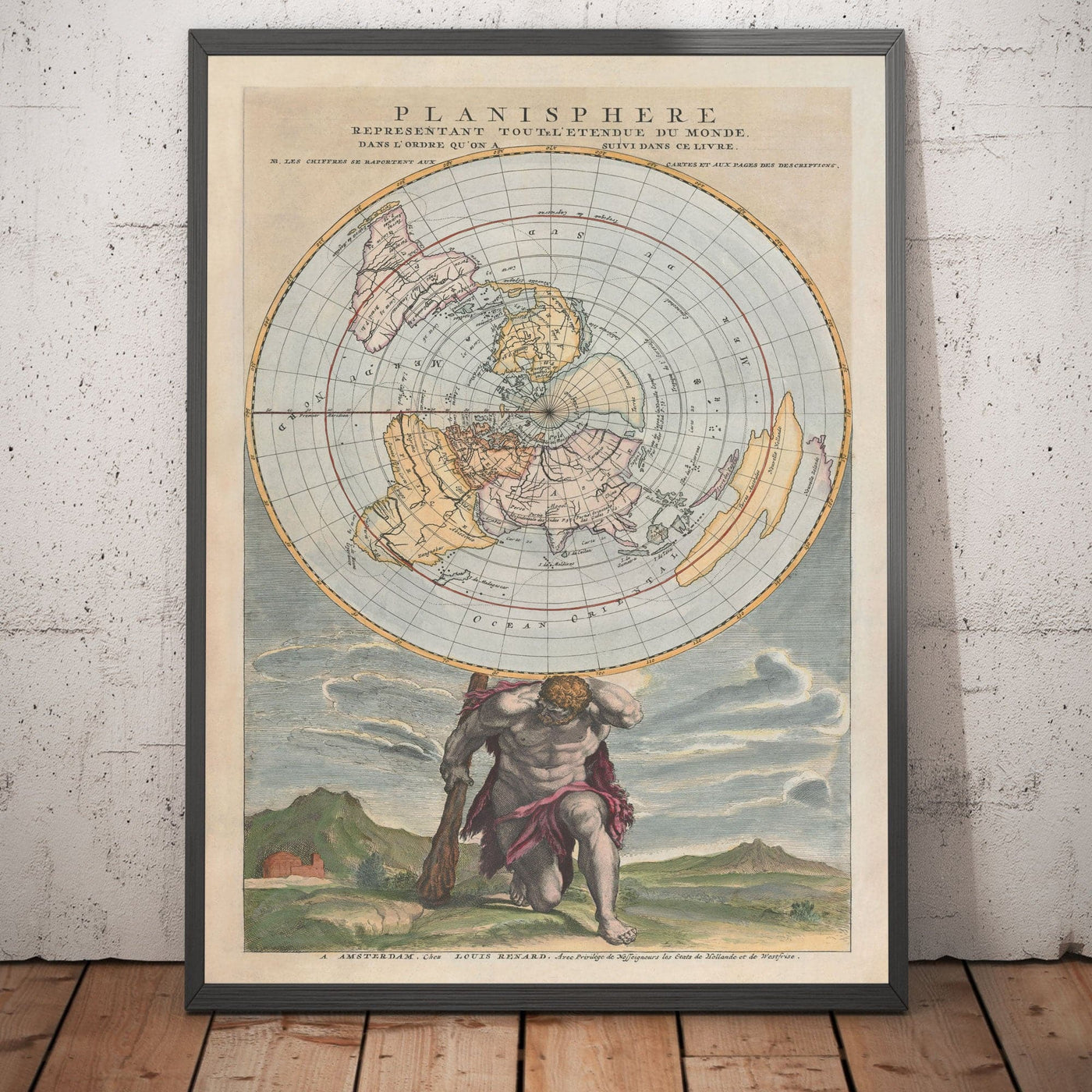 Mapa del mundo antiguo de la Tierra Plana, 1715 por Louis Renard - Proyección de Cassini - Atlas se encogió de hombros