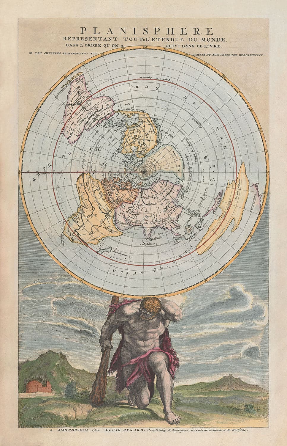 Alte flache Earth-Planisphere-Weltkarte, 1715 von Louis Renard - Cassini-Projektion - Atlas zuckte die Achseln