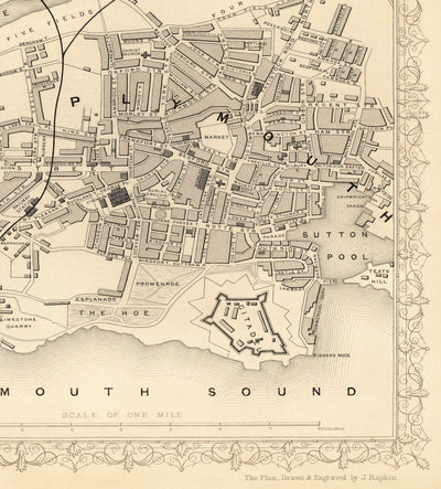 Vieille carte monochrome de Plymouth en 1851 par Tallis, Rapkin - Stonehouse, Devonport