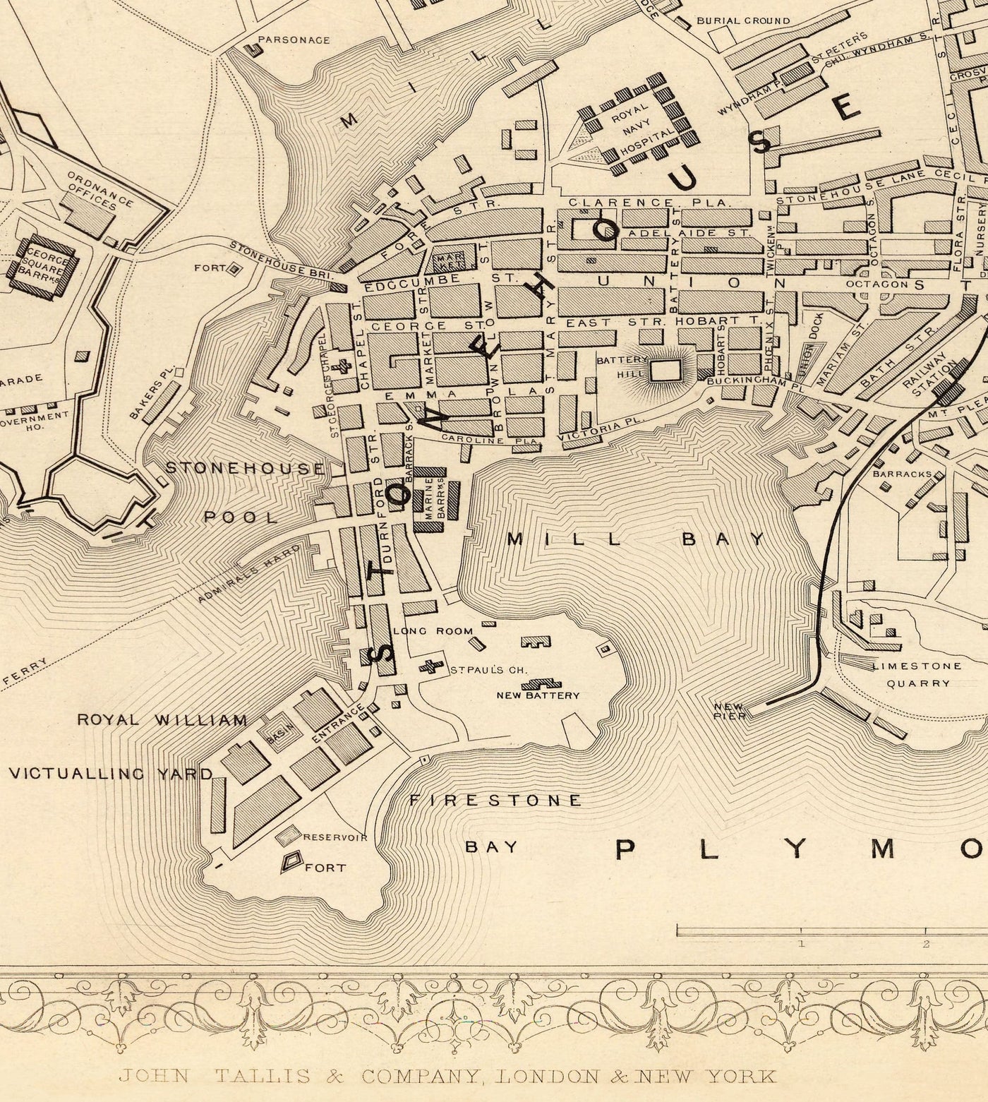 Alte monochrome Karte von Plymouth 1851 von Tallis, Rapkin - Stonehouse, Devonport